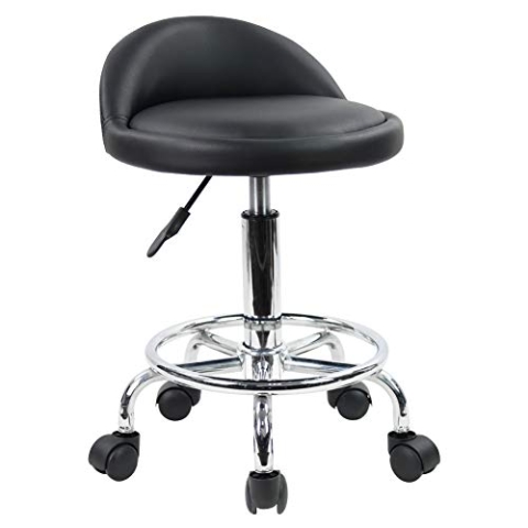 KKTONER Rollhocker Drehhocker mit niedriger Rückenlehne und Fußstütze höhenverstellbarer 48-64cm aus PU Leder Schwarz