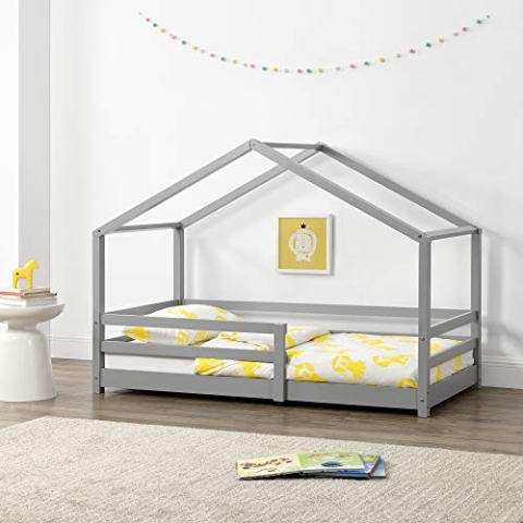 [en.casa] Kinderbett Knätten Hausbett Bodenbett 70 x 140 cm Holzbett für Kinder mit Rausfallschutz Kiefernholz Bettgestell mit Lattenrost Hellgrau