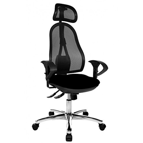 Topstar OP290UG20X Open Point SY Bürostuhl, Schreibtischstuhl, Syncro-Bandscheiben-Drehstuhl, inkl. höhenverstellbare Armlehnen und Kopfstütze, Bezugsstoff schwarz, 111 x 58 x 48