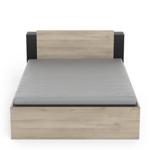 Demeyere Lit 140 x 190/200 Avec Rangement Industriel 2 Tiroirs 2 Niches – Coloris Noir Mat und Chêne Clair - 144,7 x 227 x 87,7 cm