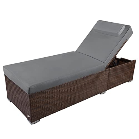 RS Trade Sonnenliege Verona High Braun/Grau - Outdoor Liege mit beständigem Poly-Rattan-Geflecht - verstellbare Rückenlehne – extra hoch & breite Liegefläche - inkl. Kopfteil und 12 cm Auflage