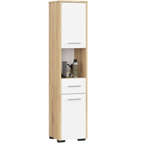 AKORD Badezimmersäule FIN 30 cm | mit 2 Türen und 1 Schublade | Badezimmer-Hochschrank schränke | Badezimmer kommode | B30 x H140 x T30 cm | Gewicht 21,30 kg | Artisan-Eiche | Weiß