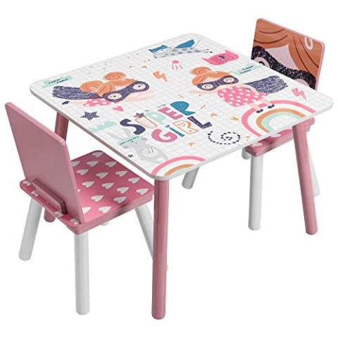 EUGAD Kindersitzgruppe 1 Kindertisch und 2 Kinderstühle, 3tlg. Kindermöbel Sitzgarnitur für Kinder aus MDF Massivholz Rosa
