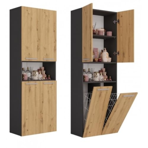 CDF Bad-Hochschrank NEL 2K DK | Farbe: Eiche Artisan/Anthrazit | Modernes Badregal | Stauraumschrank | Geräumige Einlegeböden | Türen | Einfache Montage | 2 Wäschekrobe