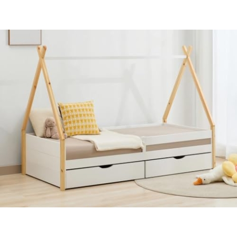 Vente-unique-Kinderbett Tipi-Bett mit Schubladen + Matratze - 90 x 190 cm - Kiefer & MDF - Weiß & Holzfarben - LUANCO
