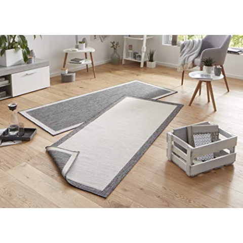 NORTHRUGS In- und Outdoor Teppich Panama 80x350cm - Wendeteppich Wetterfest Modernes Uni Design mit Bordüre Läufer für Balkon Terrasse Garten Wintergarten Wohnzimmerteppich Wasserfest in Grau Creme
