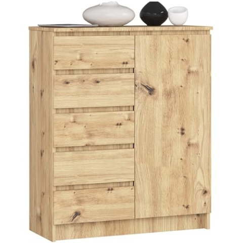 AKORD Kommode K80 mit 5 Schubladen, Schrank mit 1 Tür 3 Regalböden, Für das Wohnzimmer Schlafzimmer, Moderne, 16mm Laminierte Platte, B80xH97xT35 cm, Farbe Artisan-Eiche & Artisan-Eiche