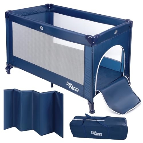 ProMedix PR-803 Faltbares Babyreisebett Reisebett mit Tasche und seitlichem Eingang, Geeignet für Babys und Kleinkinder, 2X Räder, 125x65x74cm (Blau)