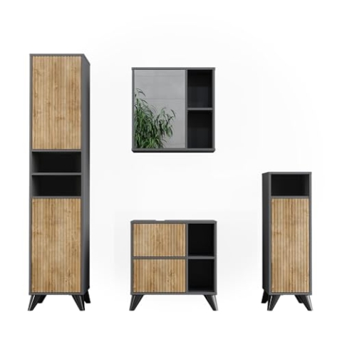 Vicco Badmöbel-Set Leano, Badezimmerschrank-Set, Anthrazit/Bergeiche, Set 4