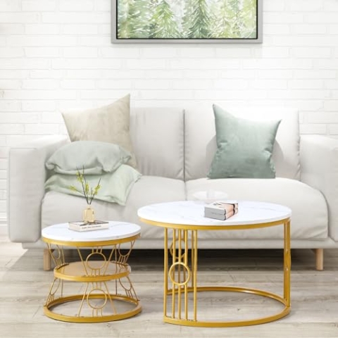 OKYION okwish Couchtisch 2er-Set, Satztisch Beistelltisch für Schlafzimmer Balkon, Satztische fürs Wohnzimmer, Wohnzimmertisch mit Weiß MDF-Desktop,Weiß& Gold