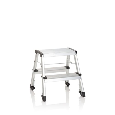 hjh OFFICE 830024 Trittleiter mit Rollen SOLID VI Aluminium Klapptritt mit 2 Stufen beidseitig begehbar, bis 150kg belastbar