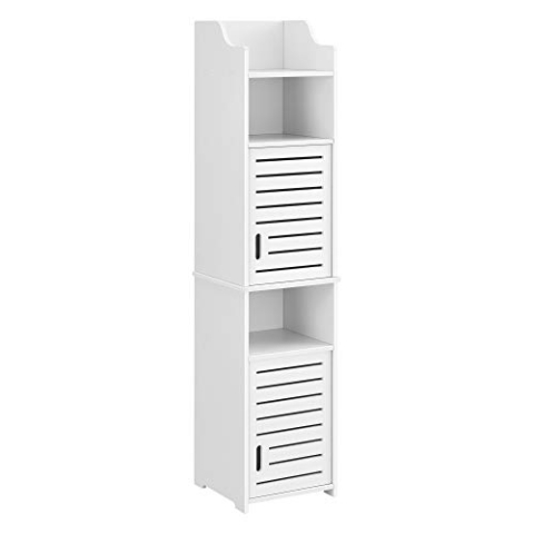 [en.casa] Badezimmerschrank Mora 135x32x32cm Weiß Hochschrank WPC Badkommode mit 3 Ablagen und Tür Badregal
