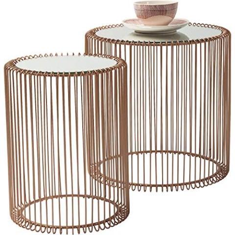 Kare Design Beistelltisch Wire (2/Set), Kupfer, Beistelltisch, Couchtisch, Nachttisch, Stahlgestell, Glasplatte, 46x45x45 cm (H/B/T)