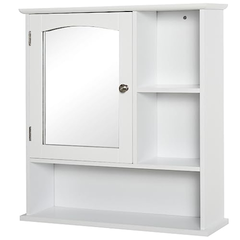 kleankin Spiegelschrank Badschrank Hängeschrank Badmöbel Wandschrank Mehrzweckschrank, Spanplatte+MDF, Weiß, 60 x 18 x 63 cm