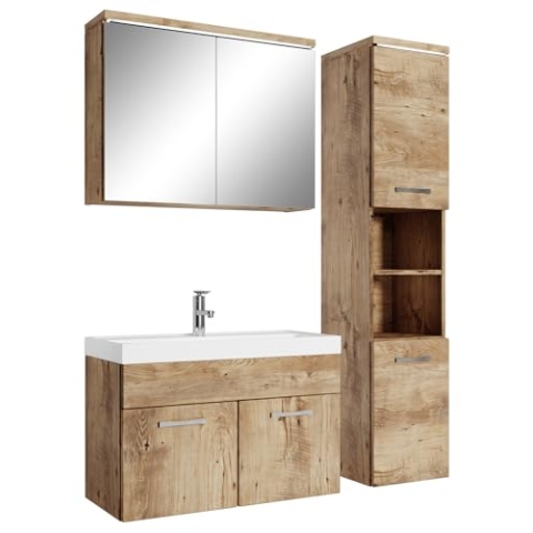 Badezimmer Badmöbel Set Paso LED 80cm Waschbecken Eiche Kastanie - Unterschrank 1x Hochschrank Waschbecken Möbel