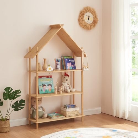 [en.casa] Kinderregal Hamarøy Standregal aus Bambus Kinderzimmerregal in Hausform Spielzeugregal mit 3 Ebenen Bücherregal Spielzeug-Organizer 137x90x30cm Natur