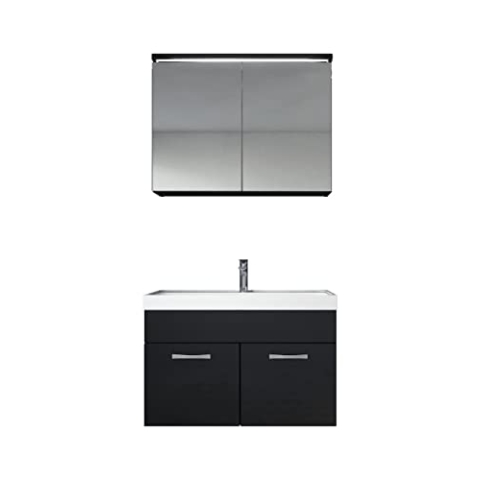 Badezimmer Badmöbel Set Paso 02 80cm Waschbecken Hochglanz Schwarz Fronten - Unterschrank Schrank Waschbecken Spiegelschrank Schrank