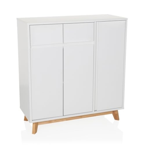 hjh LIVING Highboard mit 2 Schubladen, 3 Türen ESTHA Kommode im skandinavischen Stil, Soft-Close, griffloses Design, Schrank mit Holzbeinen, Weiß