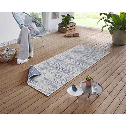 NORTHRUGS In- und Outdoor Teppich Biri 80x350cm - Wendeteppich Wetterfest Boho Style Vintage Design Läufer für Balkon Terrasse Garten Wintergarten Wohnzimmerteppich Wasserfest in Blau Creme