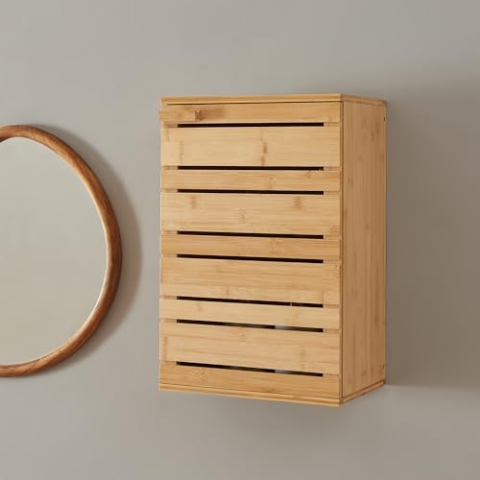 [en.casa] Badezimmerschrank Epind Badschrank Wandmontage Hängeschrank mit 1 Tür 50 x 33 x 20 cm Medizinschrank hängend Bambus Natur