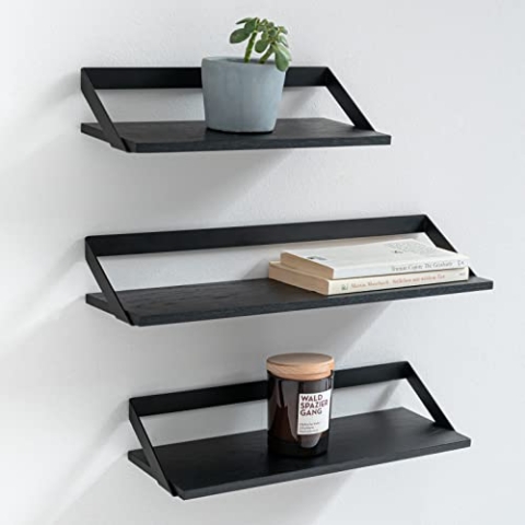 Kazai. Wandregal-Set -Finn- | Hängende Regale aus Metall und Echtholz-Veneer | Wanddeko und Ablage für Bad, Wohnzimmer, Küche, Schlafzimmer und mehr | Schwarz matt