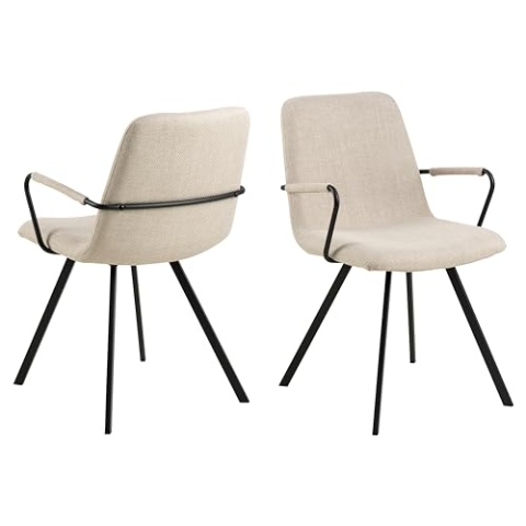 AC Design Furniture Selda Esszimmerstühle mit Armlehnen 2er Set, Polsterstühle in Beige mit Schwarzen Stahlbeinen, Küchenstühle, Esszimmermöbel, B: 55,5 x H: 85 x 50,5 cm