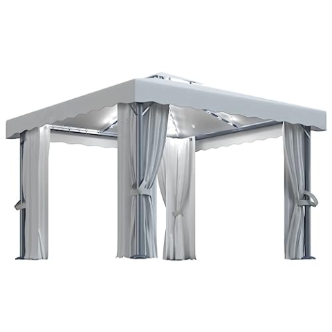 vidaXL Pavillon mit Vorhängen LED Lichterketten Gartenzelt Partyzelt Festzelt Gartenpavillon Bierzelt Garten Zelt Outdoor Terrasse 3x3m Cremeweiß