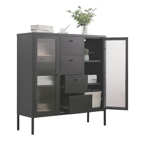 Mein-Regal Highboard Paris Schwarz Beistellschrank Wohnzimmer Aufbewahrungsschrank Metall Schrank Ablage und Glastüren, Kommode für Bücher und Deko LxBxH ca. 105x35x110 cm