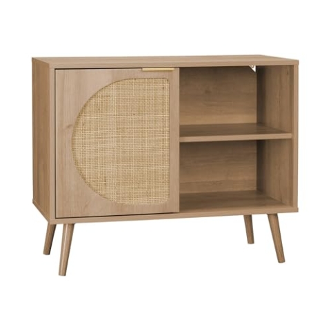 Anrichte mit Holzdekor und abgerundetem Rohrgeflecht, Eva, 1 Wendetür, Zwei Ebenen, L80 x B39 x H65,8cm