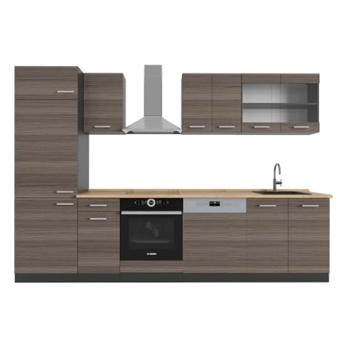 Vicco Küchenzeile R-Line, Küchenblock, Edelgrau/Anthrazit, 300 cm, AP Eiche