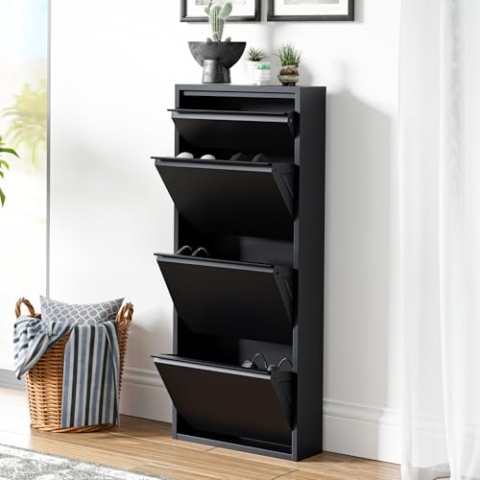[en.casa] Schuhschrank Sokndal Schuhkipper mit 4 Klappen Metall Schuhkommode für 6 Paar Schuhe 118 x 50 x 15 cm Schwarz