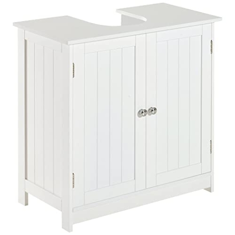 HOMCOM Waschbeckenunterschrank Badschrank mit Verstellbarer Ablage Unterschrank mit 2 Türen Badmöbel Waschbecken Badezimmerschrank Siphon-Ausschnitt Landhausstil Weiß L60 x T30 x H60 cm