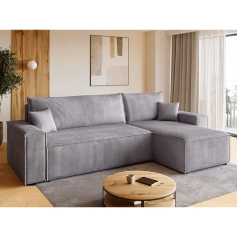 BROMARKT Sofa mit Schlaffunktion Couch L Cordstoff Sofa Bettkasten Schlafsofa für Wohnzimmer Ecksofa freistehend Adi Relaxsofa 3 sitzer 244x143x85 cm Hellgrau
