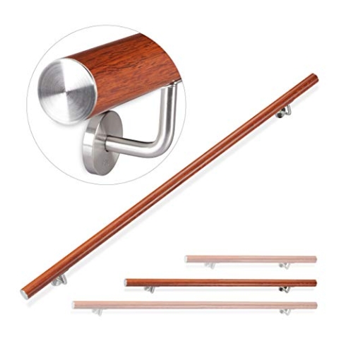 Relaxdays Handlauf Aluminium, rund, Treppengeländer innen, außen, Eiche-Optik, 150 cm, Ø 42mm, mit Wandhalterung, braun
