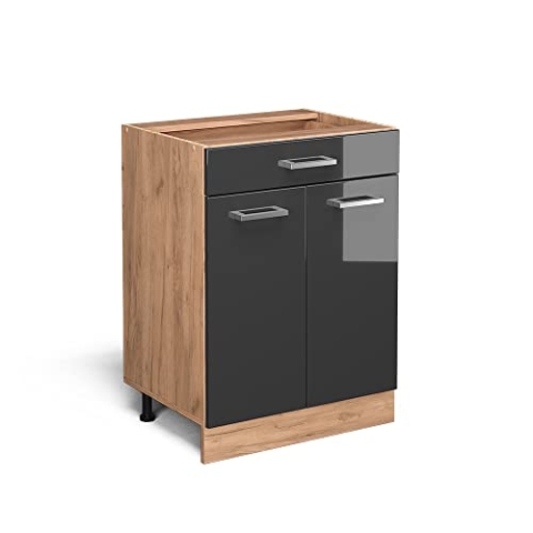 Vicco Küchenunterschrank R-Line, Anthrazit Hochglanz/Goldkraft Eiche, 60 cm mit Schublade, ohne Arbeitsplatte