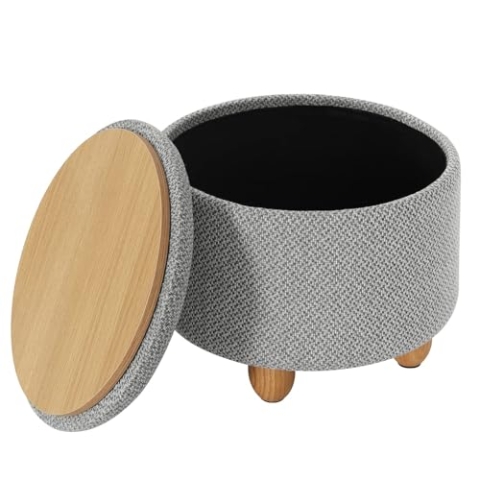 WOLTU Hocker mit Stauraum, Sitzhocker mit Stauraum, Couchtisch Runder Sitzhocker, Fußhocker mit Deckel, Gepolsterter Hocker mit Massivholzbeine, Leinenbezug, Ø39x33 cm, Hellgrau
