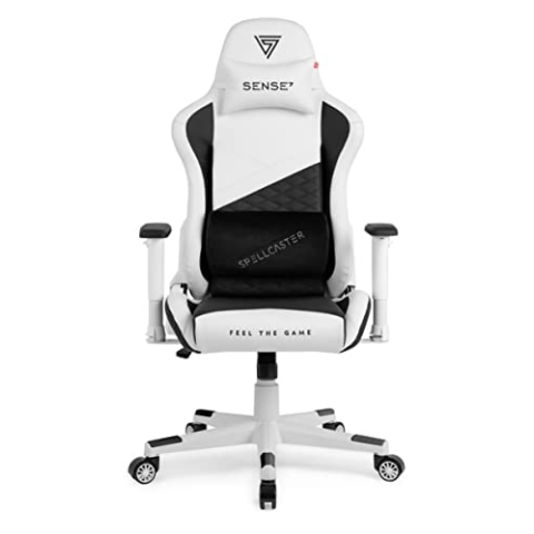 SENSE7 Gaming Stuhl Spellcaster Senshi Edition, ergonomischer Gaming Sessel, verstellbaren Lendenkissen Einstellbarer Neigungswinkel, Wippfunktion, PU-Leder Gaming Chair, 150kg, PC Stuhl Weiß