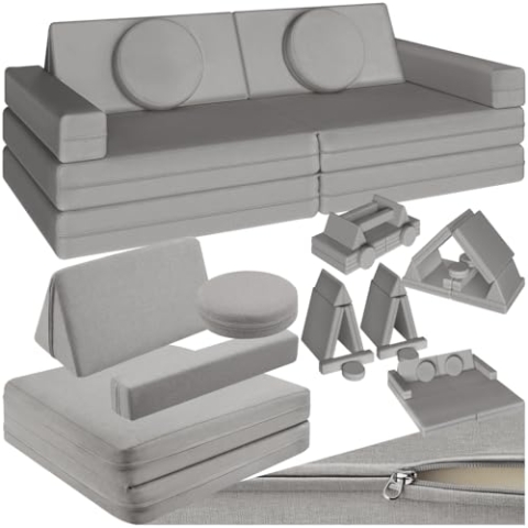 tectake® Spielsofa, Kindersofa klappbar, modulares Sofa mit Spiel- und Schlaffunktion, Möbel für Kinderzimmer, Indoor Spielplatz, Couch oder Sitzkissen, Schaumstoff Stapelsteine - 160 cm, grau