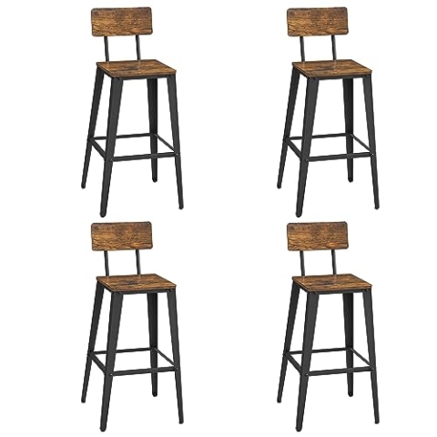 VASAGLE Barhocker, 4er Set, Barstühle, Küchenstühle, mit Rückenlehne, Stahlgestell, einfache Montage, Industrie-Design, vintagebraun-tintenschwarz LBC278B01