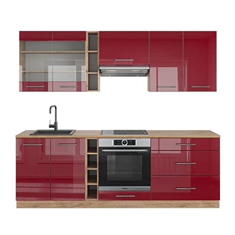 Vicco Küchenzeile Fame-Line, Bordeaux Hochglanz/Eiche Gold, 235 cm ohne Arbeitsplatte