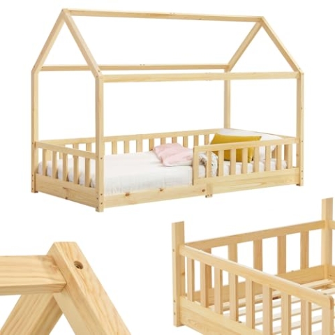 Juskys Kinderbett Marli 90 x 200 cm mit Rausfallschutz, Lattenrost und Dach - Massivholz Hausbett für Kinder - Bett in Natur