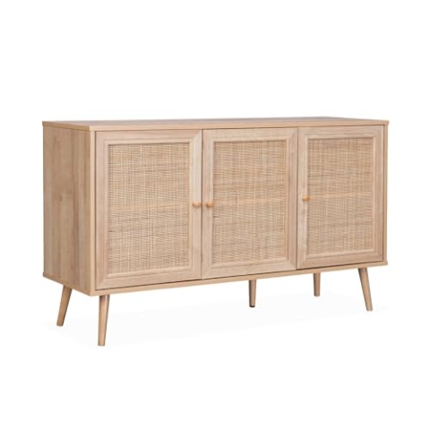 Sideboard mit Rattangeflecht 120 x 39 x 70 cm - 2 Ebenen - 3 Türen - Skandinavische Möbelbeine