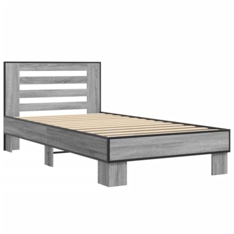 vidaXL Bettgestell, Bett mit Kopfteil Metallbeine, Bettrahmen mit Sperrholzlatten, Einzelbett für Schlafzimmer, Modern, Grau Sonoma 100x200cm Holzwerkstoff Metall