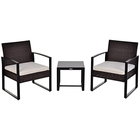 Outsunny Rattan Gartenmöbel Set Polyrattan 3 TLG. Balkonmöbel, mit Kissen Garten Braun+Creme