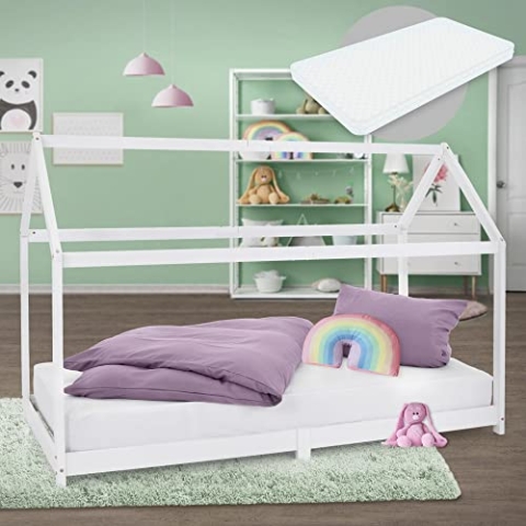 ML-Design Kinderbett 90x200 cm Weiß mit Matratze H:10 cm, Dach & Lattenrost, Hausbett für Mädchen/Jungen, Kinderhaus aus Kiefernholz, Stabiles Jugendbett, Massivholz Kinder Bett, Bettenhaus Spielbett