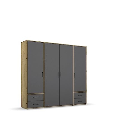 Rauch Möbel Voyager Schrank Kleiderschrank Drehtürenschrank, Grau metallic/Eiche Artisan, Holz, Schwarz, 4-türig mit 4 Schubladen, inkl. 1 Kleiderstange, 5 Einlegeböden BxHxT 187x194x53 cm