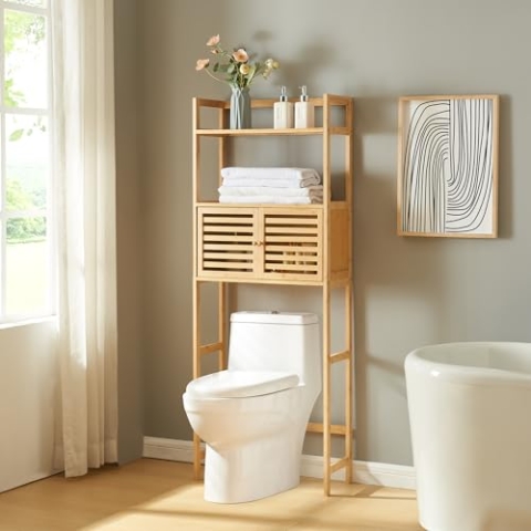 [en.casa] Badezimmerregal Haugesund Toilettenregal 158 x 60 x 26 cm WC-Regal mit Schrank und Ablage Toilettenschrank Standregal freistehend Badregal Überbauschrank Bambus