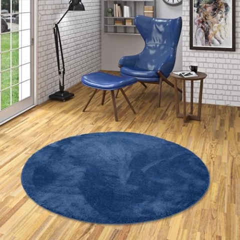Pergamon Luxus Super Soft Hochflor Langflor Teppich Rund Flauschig Weich Wohnzimmer Schlafzimmer Silky Dunkelblau