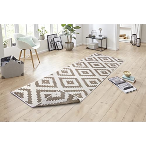 NORTHRUGS In- und Outdoor Teppich Malta 80x250cm - Wendeteppich Wetterfest Modernes Geometrisches Muster Teppich für Balkon Terrasse Garten Wintergarten Wohnzimmerteppich Wasserfest in Linen
