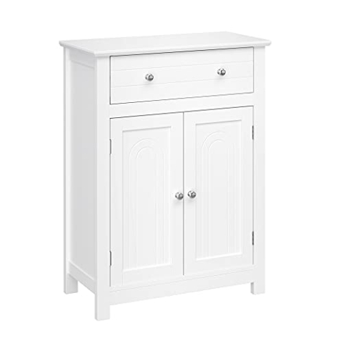 VASAGLE Badezimmerschrank, Badschrank mit Schublade und verstellbarem Zwischenfach, Aufbewahrungsschrank, Landhausstil, 60 x 30 x 80 cm, weiß BBC61WT